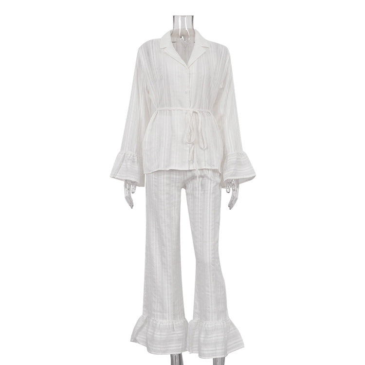 Casual Ruffled Shirt And Pant Set Cotton Long Sleeve