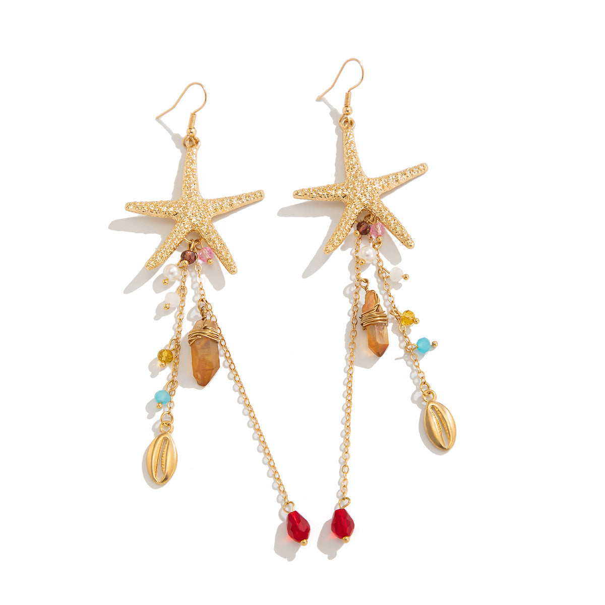 Metal Starfish And Jellyfish Earrings Bohemian Pearl Crystal Tassels