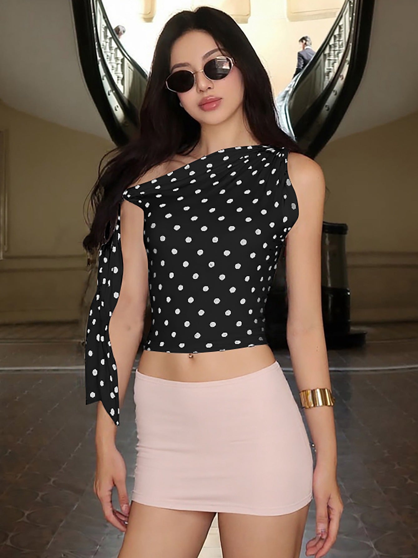 Trendy Polka Dot Off-Shoulder Tie T-Shirt for Women