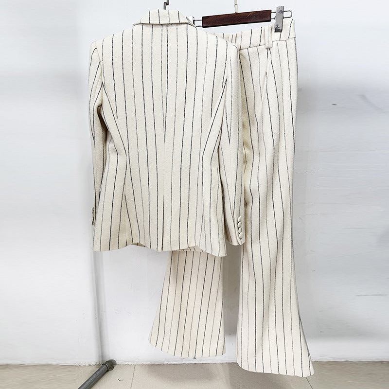 Fashionable Striped Blazer And Pants Set - All-Season Ensemble