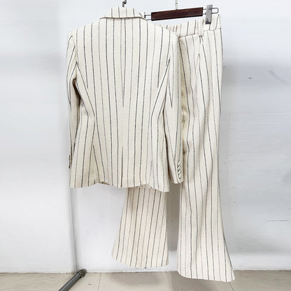 Fashionable Striped Blazer And Pants Set - All-Season Ensemble