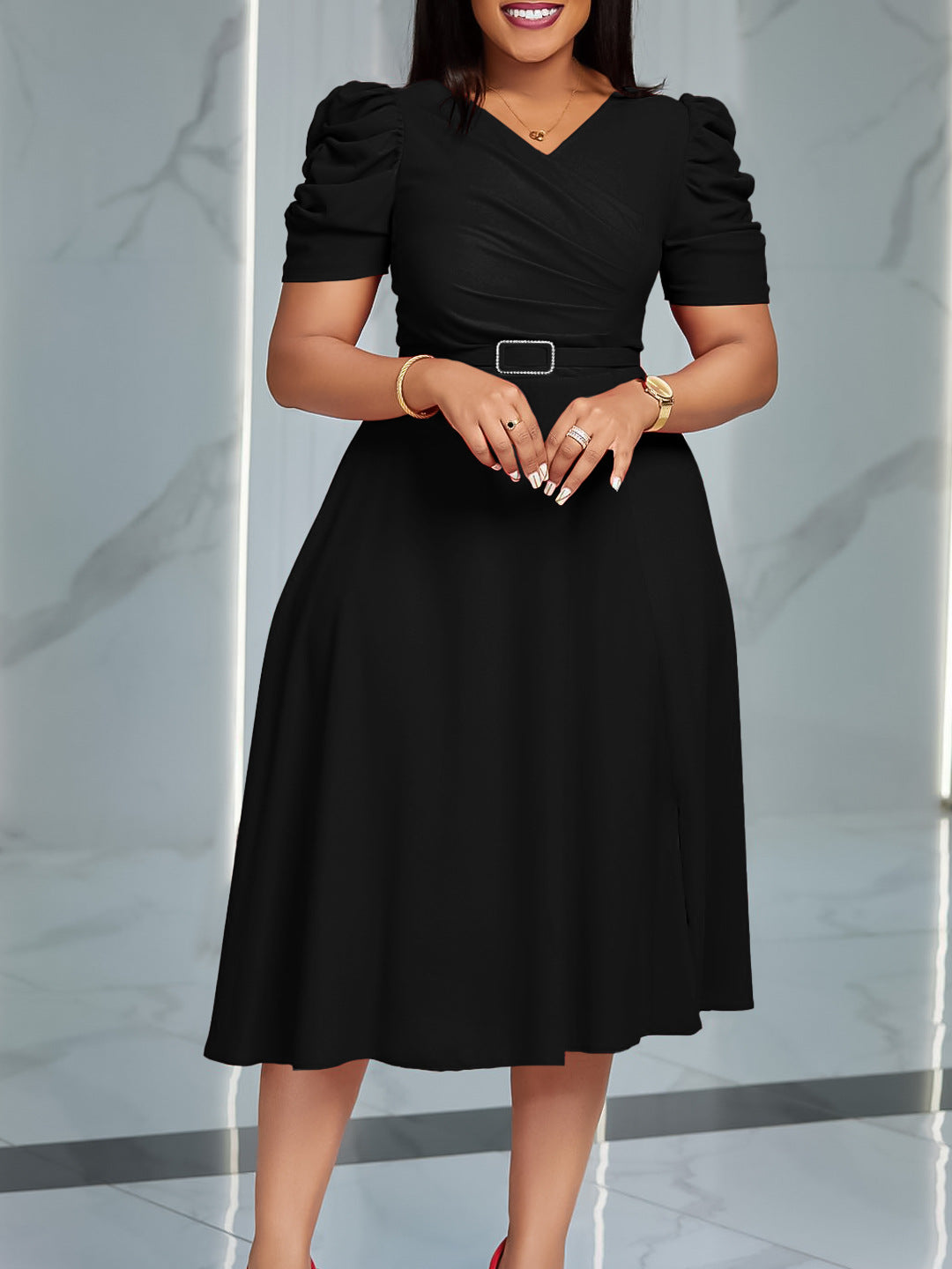 Elegant V-Neck Ruffle Maxi Dress With Belt