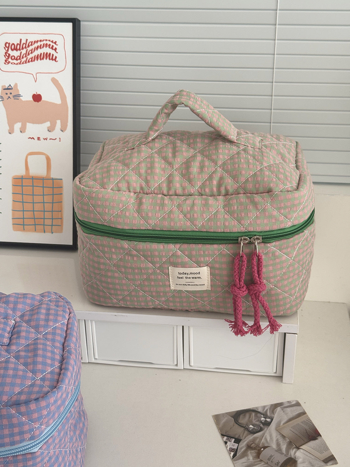 Color Block Plaid Makeup Bag Stylish Quilted Storage Organizer