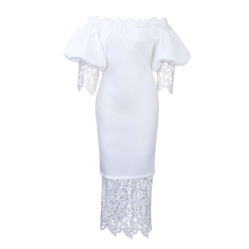 Off-The-Shoulder Lace Detail Pencil Dress With Lantern Sleeves