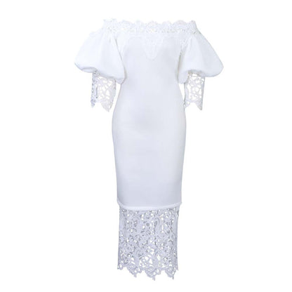 Off-The-Shoulder Lace Detail Pencil Dress With Lantern Sleeves