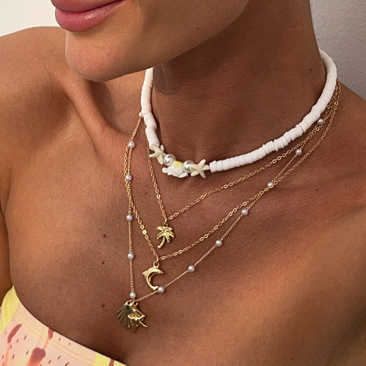 Colorful Polymer Bead Scallop Layered Chain Necklace