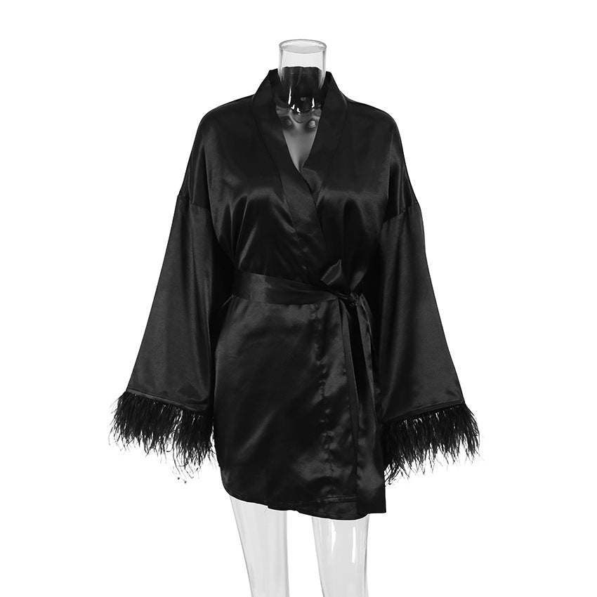 Feather Solid Color Casual Sleepwear Dress