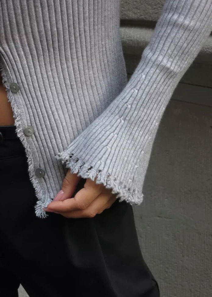 Ribbed Knit Cardigan With Frayed Edges