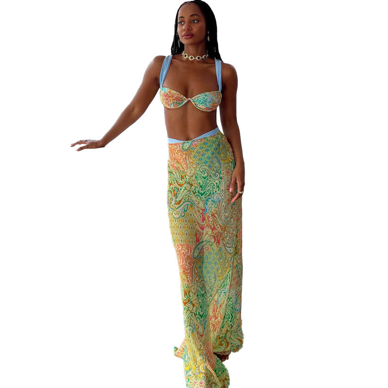 Color Block Printed Tie-Front Top And High Waist Skirt Set