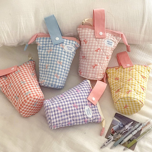 Striped Bow Cylinder Pencil Case Stylish Portable Stationery