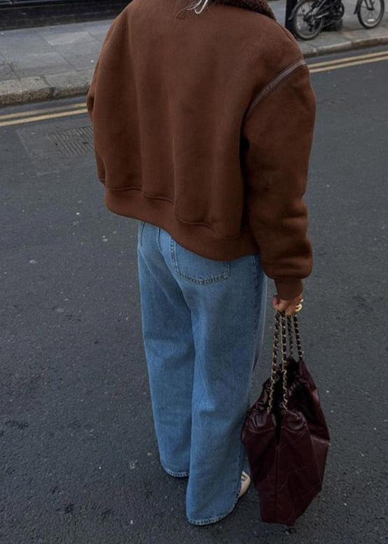 Faux Suede Aviator Style Shearling Jacket Brown