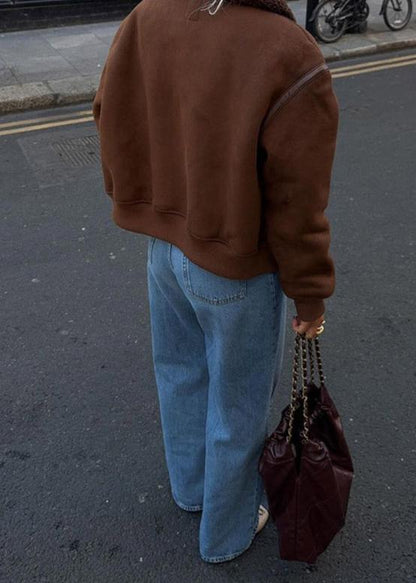 Faux Suede Aviator Style Shearling Jacket Brown