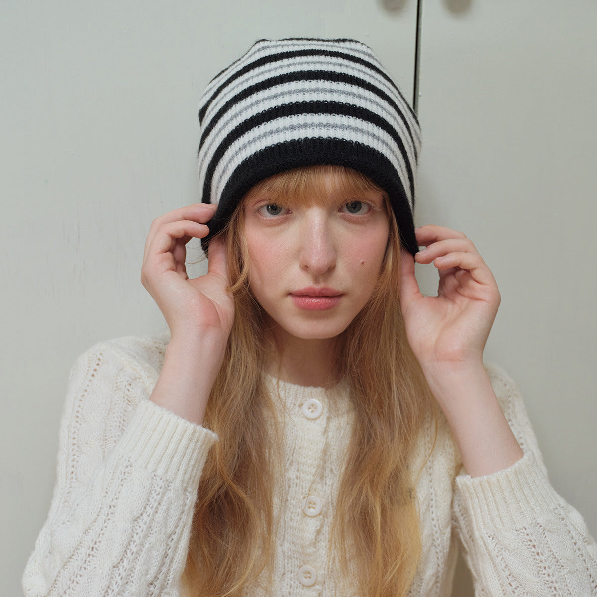 Striped Wool Blend Beanie Hat Soft Knit for Women