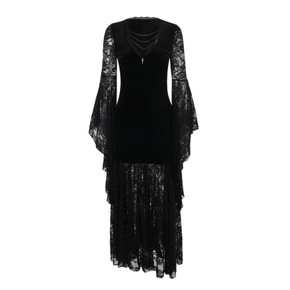 Elegant V Neck Velvet Dress With Lace Detail