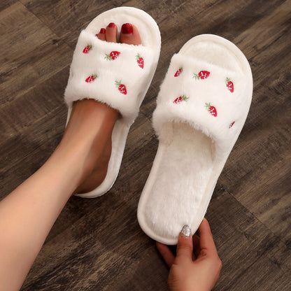 Plush Embroidery Cute Open Toe Slippers