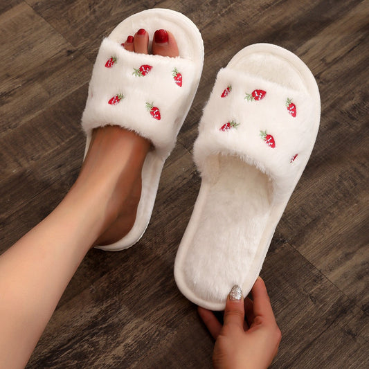 Plush Embroidery Cute Open Toe Slippers