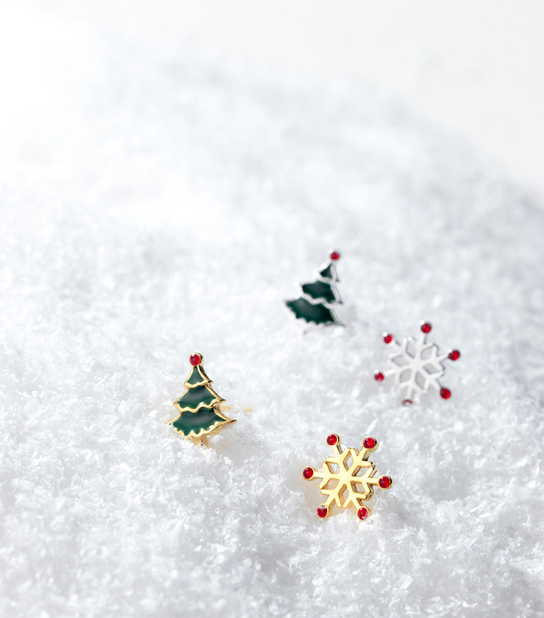 Asymmetrical Christmas Tree Snowflake Stud Earring