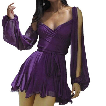Elegant V-Neck Pleated Dress Casual Polyester Dress