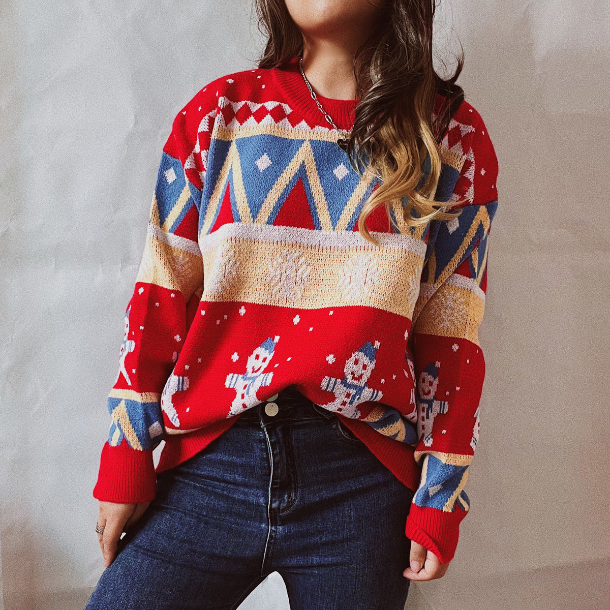 Casual Christmas Sweater New Year Theme Round Neck Long Sleeve Pullover Women