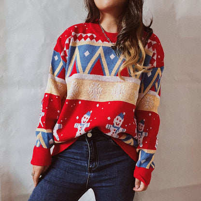 Casual Christmas Sweater New Year Theme Round Neck Long Sleeve Pullover Women
