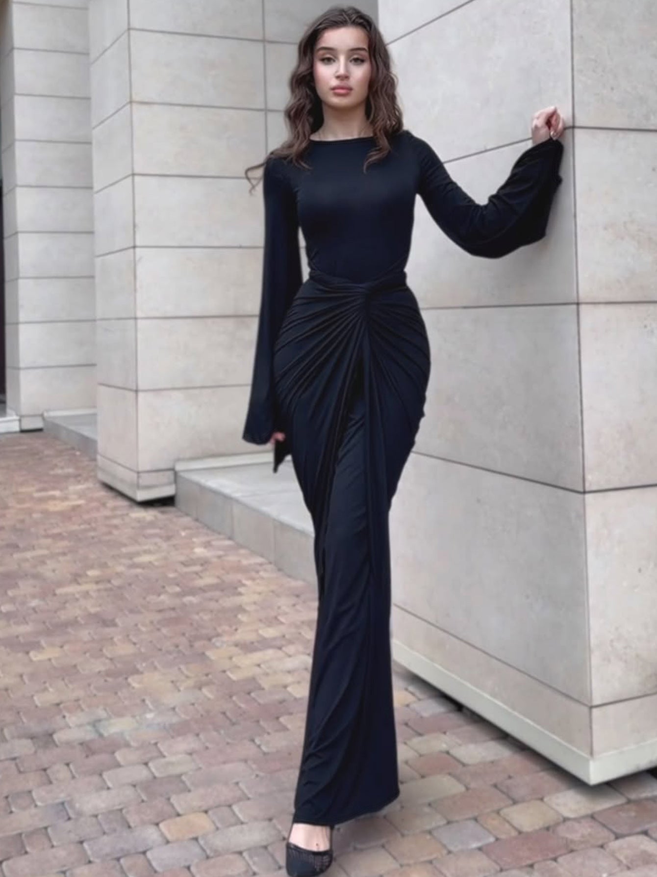 Elegant Ruched Waist Long Sleeve Dress