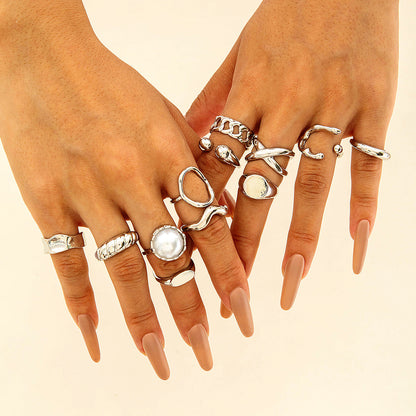 Irregular Pearl Ring Set Trendy Gold Retro Geometric Statement Rings
