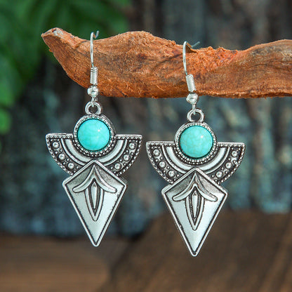 Retro Ethnic Long Pendant Necklace and Earring Set with Turquoise Accents