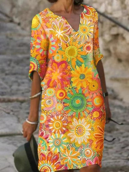Abstract Print V-Neck A-Line Dress Comfortable Casual Fashion