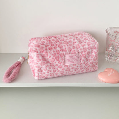 Cute Fuzzy Leopard Print Portable Makeup Bag