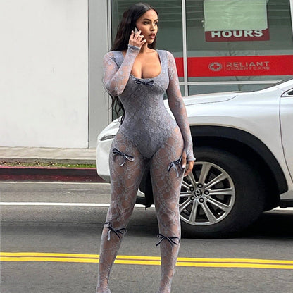 Sensual Sheer High-Waisted Lace Bodysuit With Long Sleeves