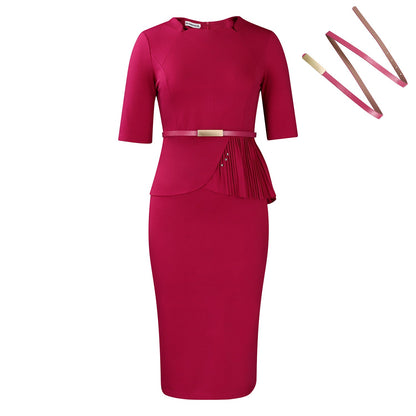 Elegant Solid Color Bodycon Dress With Belt