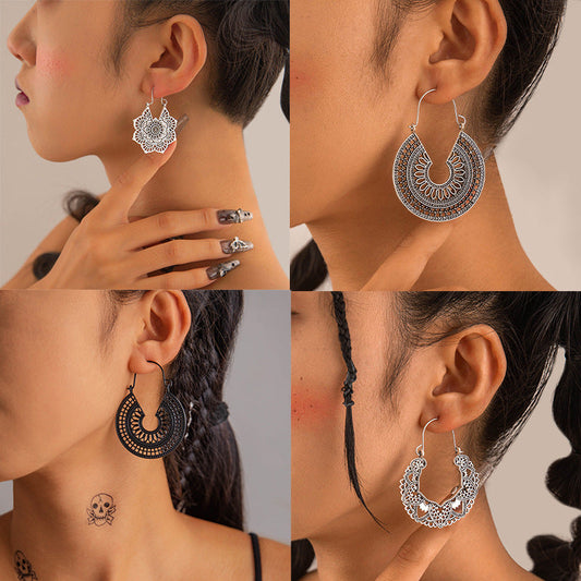 Vintage Geometric Metal Hoop Earrings With Floral Patterns
