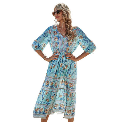 Women'S V-Neck High-Waisted Bohemian Dress Women'S Mid-Length A-Line Dress