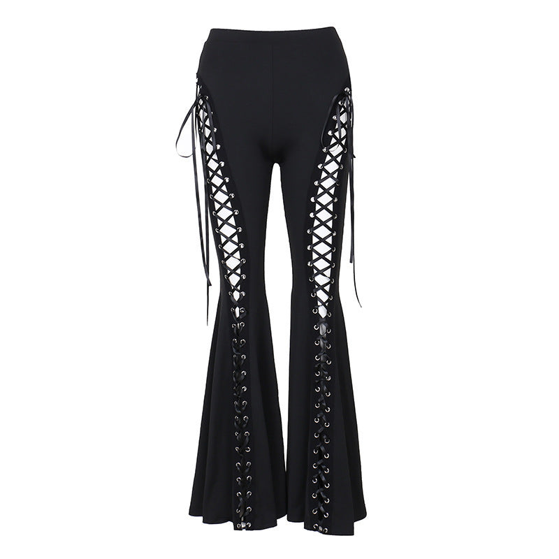 Black High-Waisted Eyelid Detail Flared Pants for Trendy Street Style