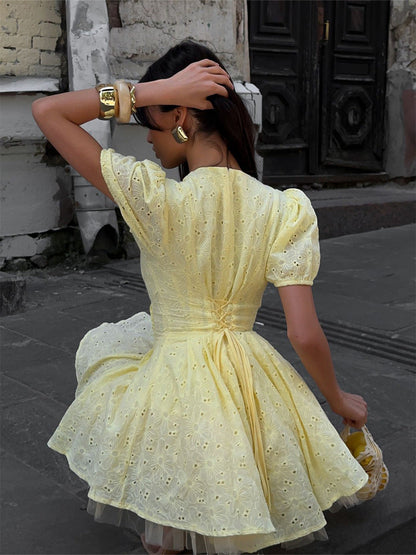 Yellow Embroidered A-Line Dress with Belted Waist