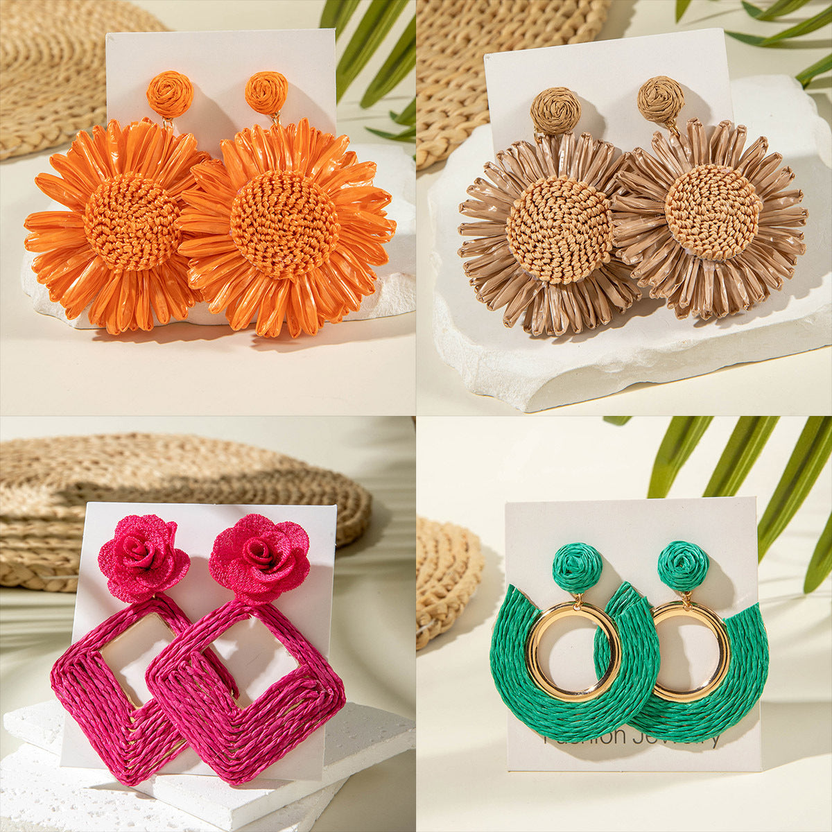 Handmade Woven Raffia Vacation Earrings Floral Design