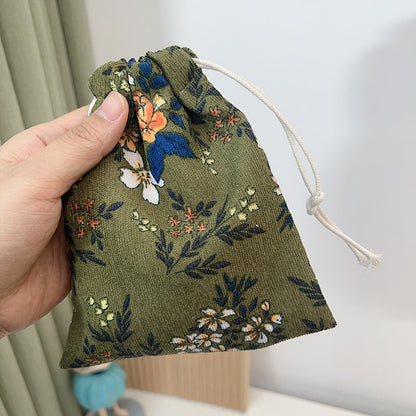 Mini Drawstring Corduroy Canvas Bag Portable Floral Storage Pouch