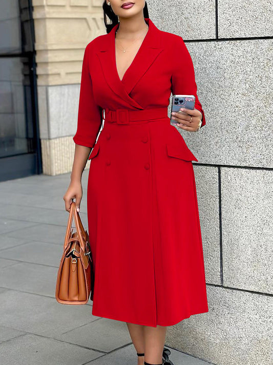 Double-Breasted Long Sleeve Blazer Dress With Belt