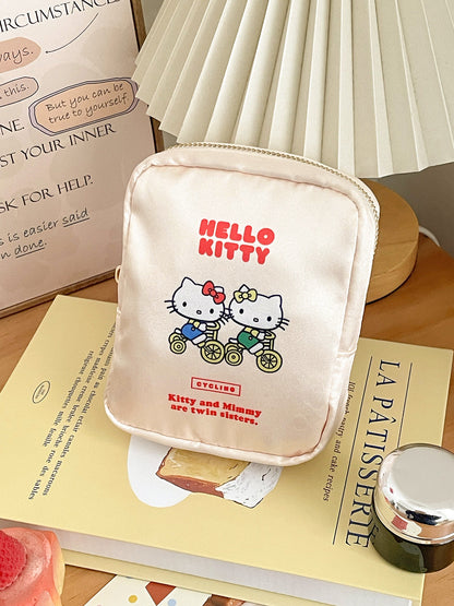 Cat Print Satin Cosmetic Bag Cute Cartoon Travel Organizer