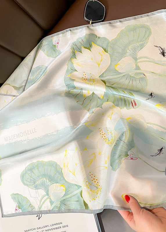Satin Square Scarf With Lotus Garden Print