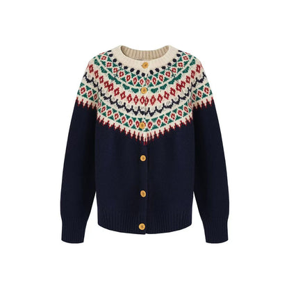 Vintage Jacquard Crew Neck Knit Cardigan
