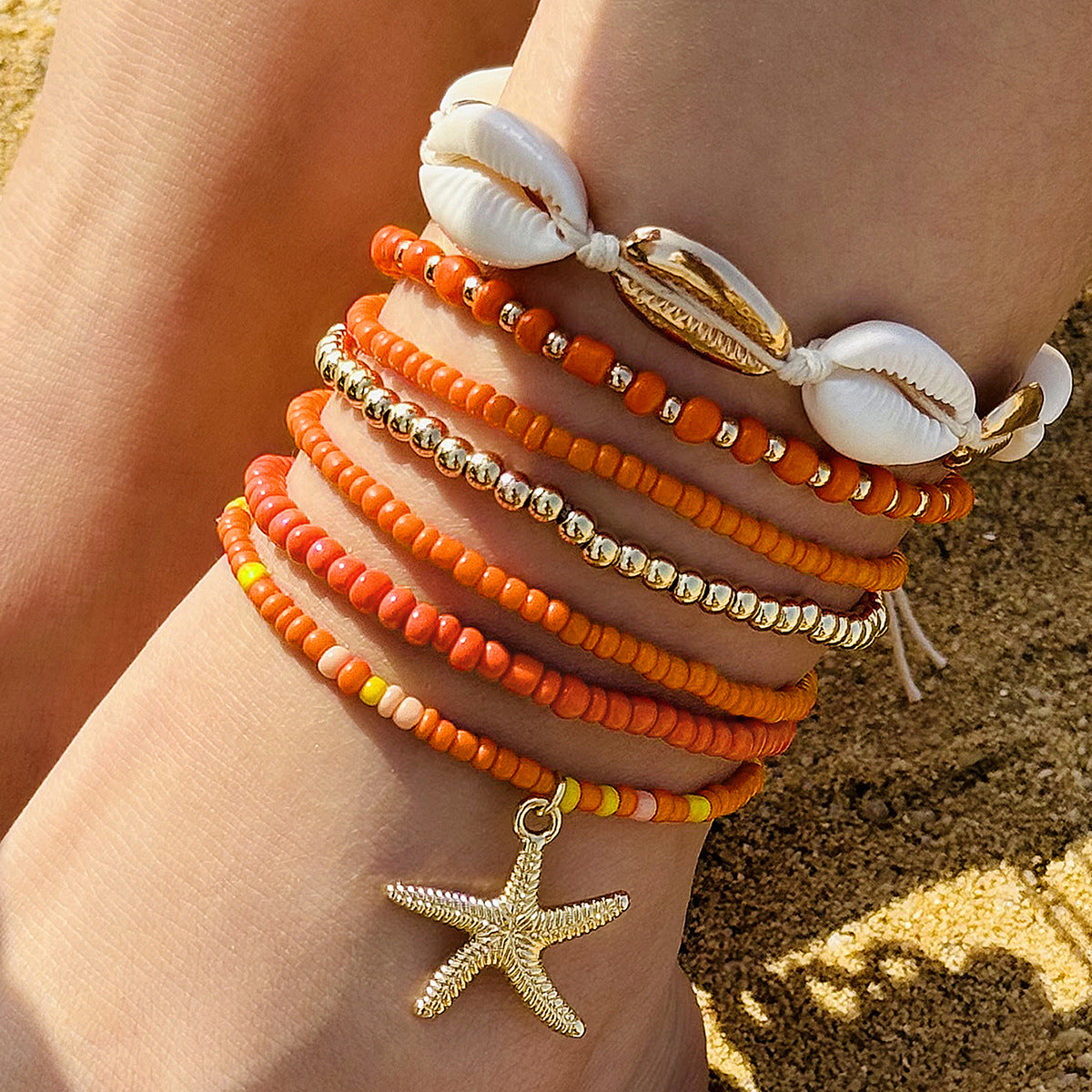 Bohemian Seashell Beaded Anklets Set With Starfish Elements