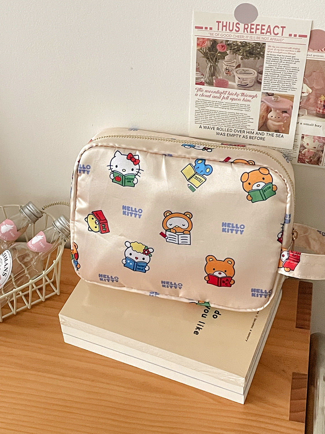 Cat Print Satin Cosmetic Bag Cute Cartoon Travel Organizer