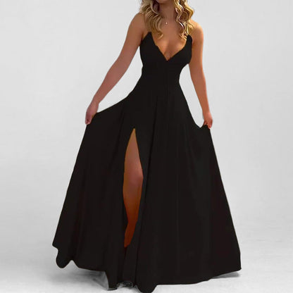 Elegant Solid Color Slip Dress With Ruffle Trim