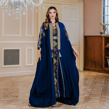 Embroidered Muslim Abaya Dress Set with Elegant Long Robe