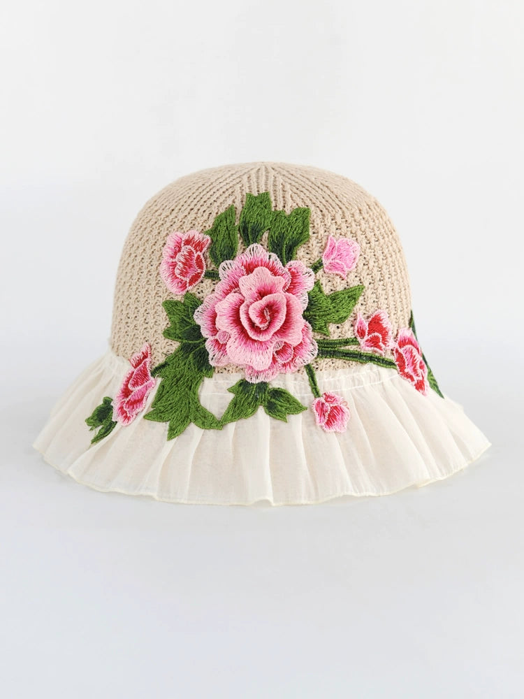 Ethnic Style Embroidery Flower Summer Visor White Brim Sun Hat Bucket Hat Sun Protection Knitted Hat