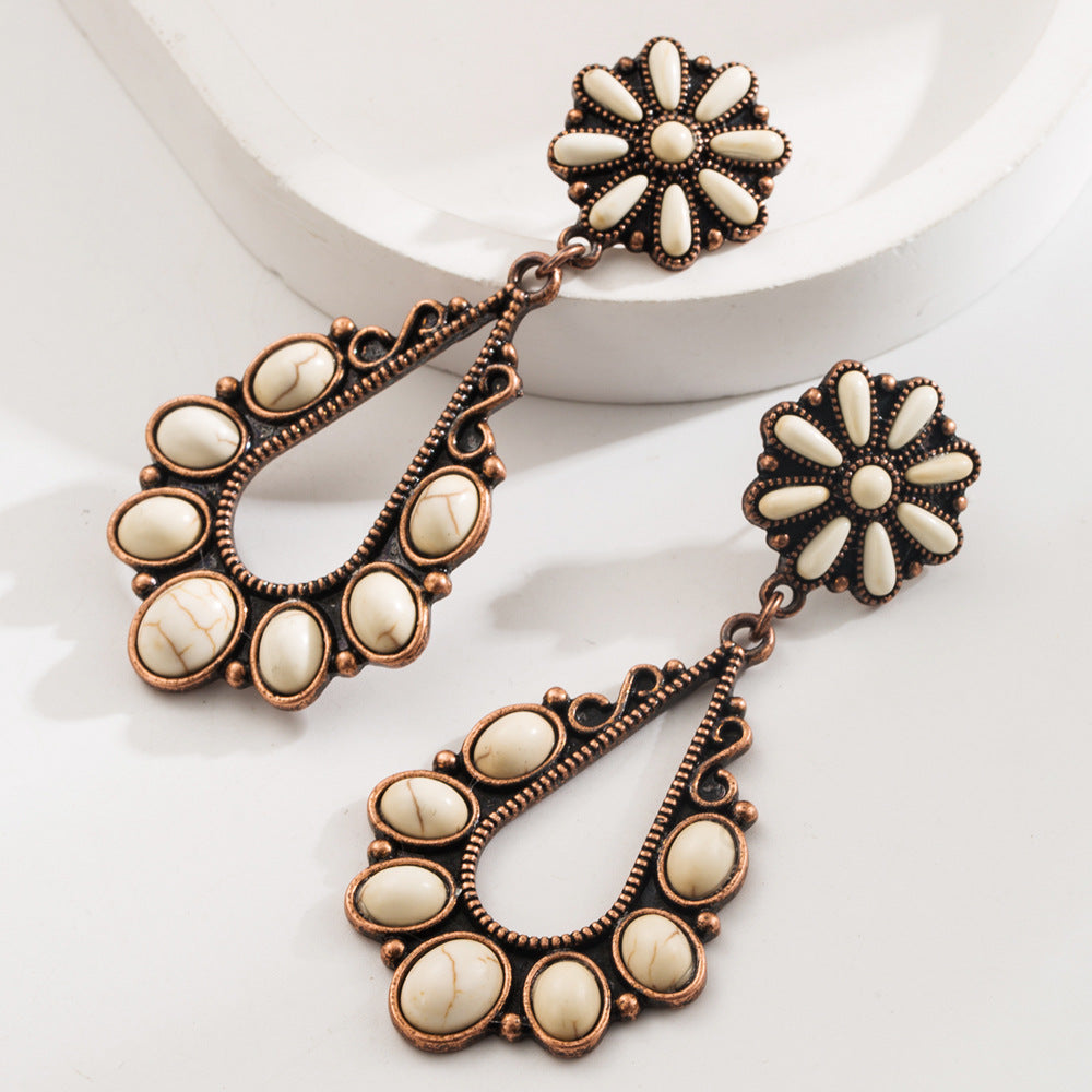 Retro Western Style Turquoise Cross Drop Earrings