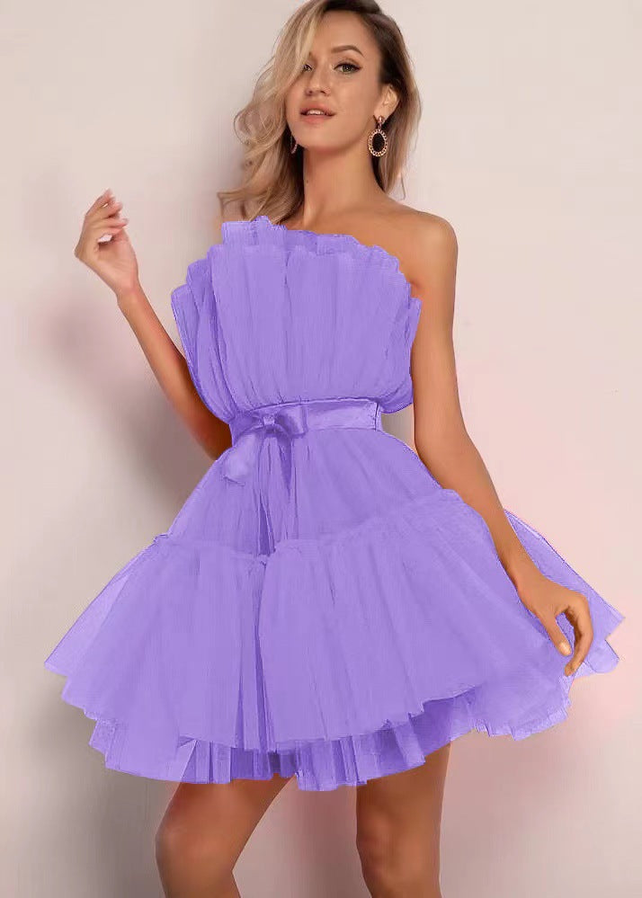 Strapless Tulle Bow Dress Elegant Flare Cocktail Dress