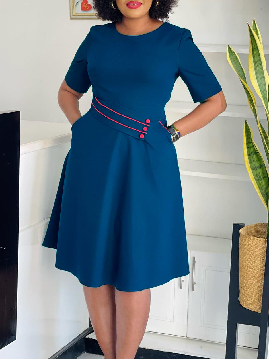 Elegant High-Waisted A-Line Dress Solid Color Casual Dress