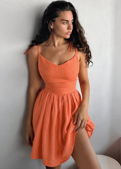 Linen Mini Dress With Tie Straps And Flared Skirt